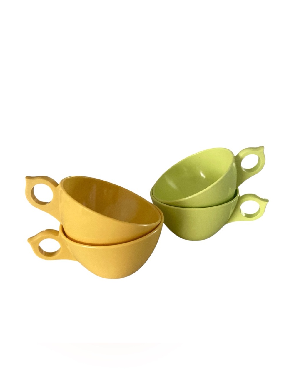 Vintage Mid-Century Melamine Cups with Winged Handles Set of 4 Yellow Green